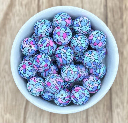 Stained Glass 15mm Round Printed Silicone Beads