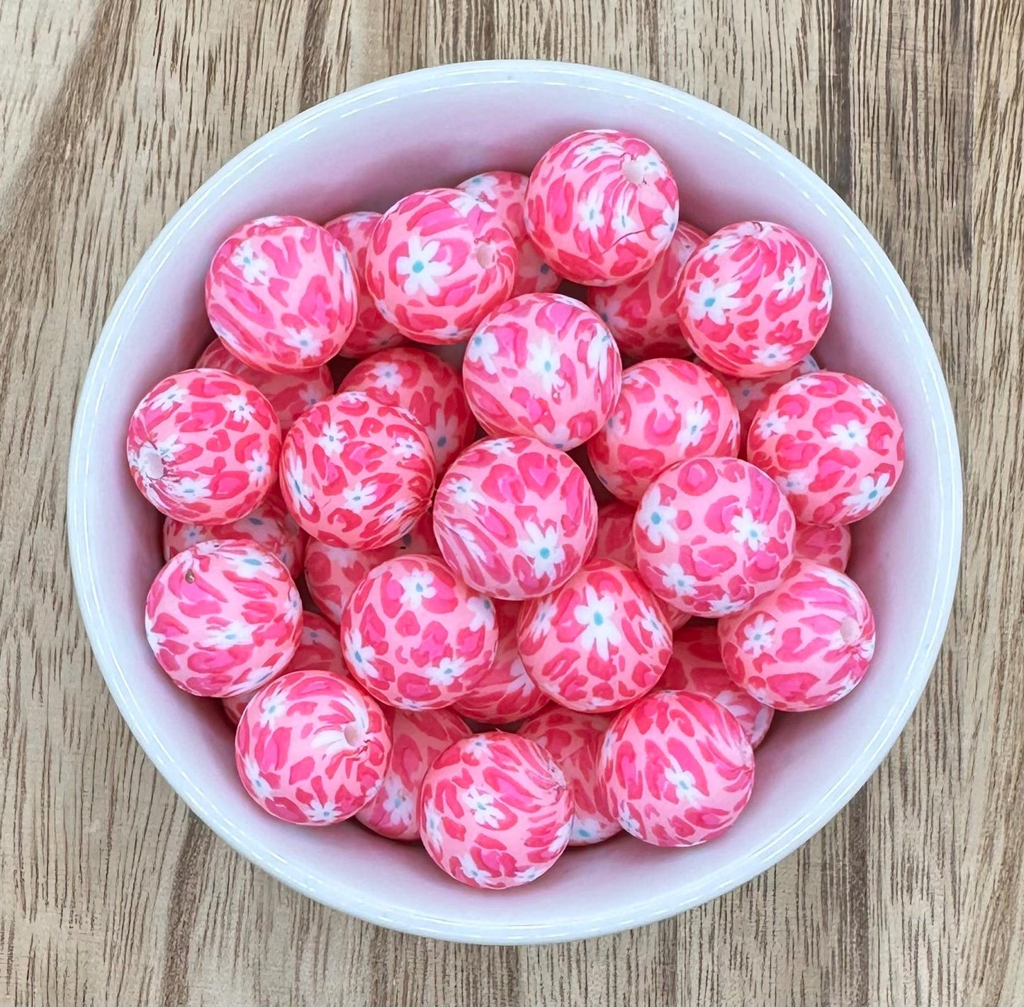 Pink Floral Cheetah Print | 15mm Round Silicone Beads
