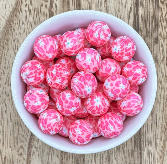 Pink Floral Cheetah Print | 15mm Round Silicone Beads