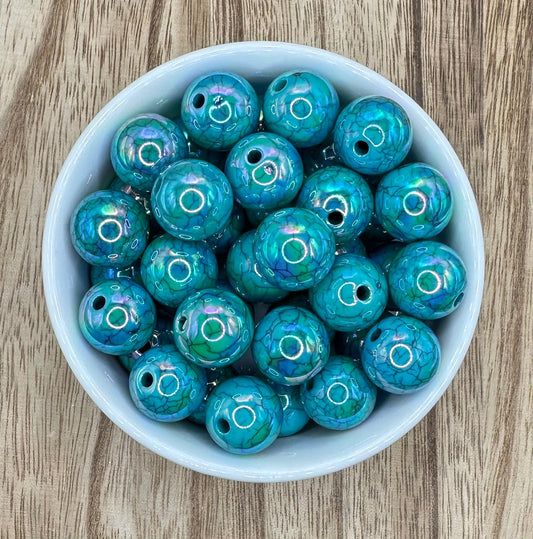 Teal Cracked 16mm 10pcs Round Printed Acrylic Beads